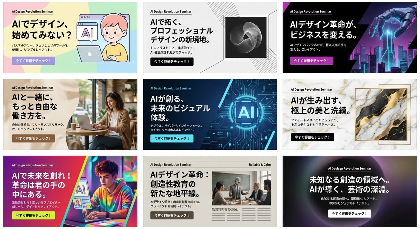 nano banana: 以下の要件を満たす広告を9パターン作り、1枚の画像に9分割で
