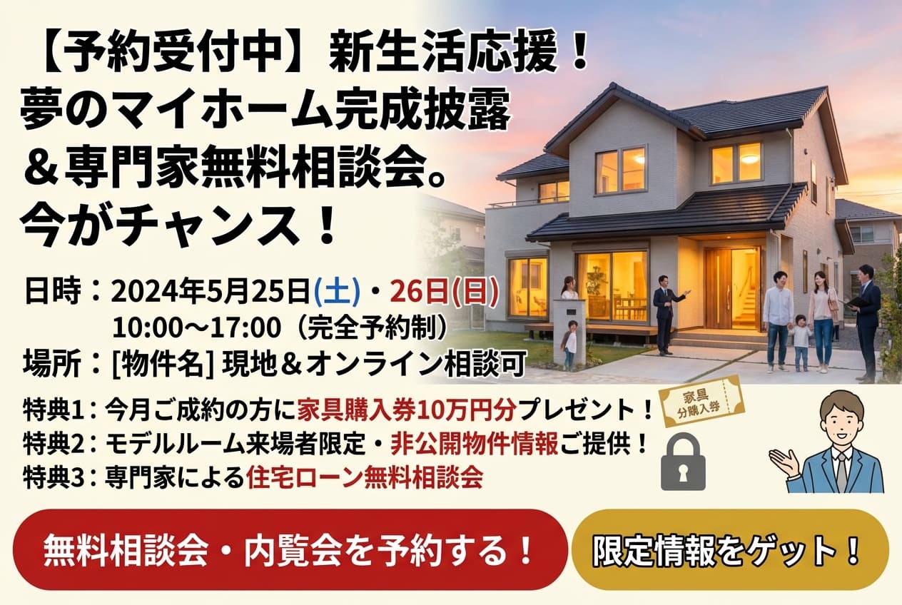 nano banana: 【予約受付中】夢のマイホーム、ついに完成！実際に見に来ません